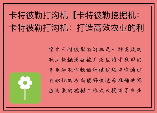 卡特彼勒打沟机【卡特彼勒挖掘机：卡特彼勒打沟机：打造高效农业的利器】