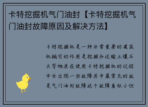 卡特挖掘机气门油封【卡特挖掘机气门油封故障原因及解决方法】